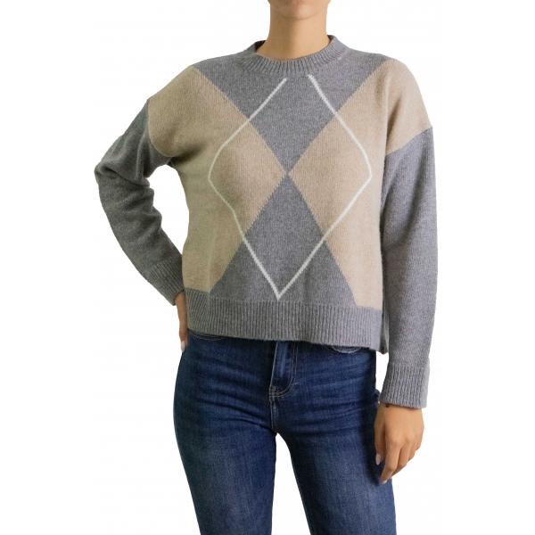 Maglione con rombi bicolore girocollo misto cashmere